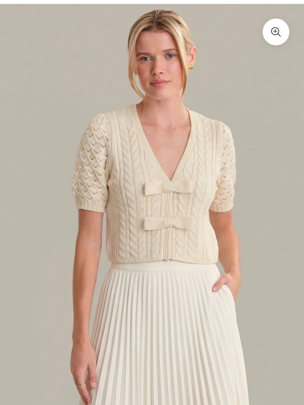 Elaine: Cotton Puff Sleeve Cable Knit Short-Sleeve Bow Cardigan Sweater - Cream